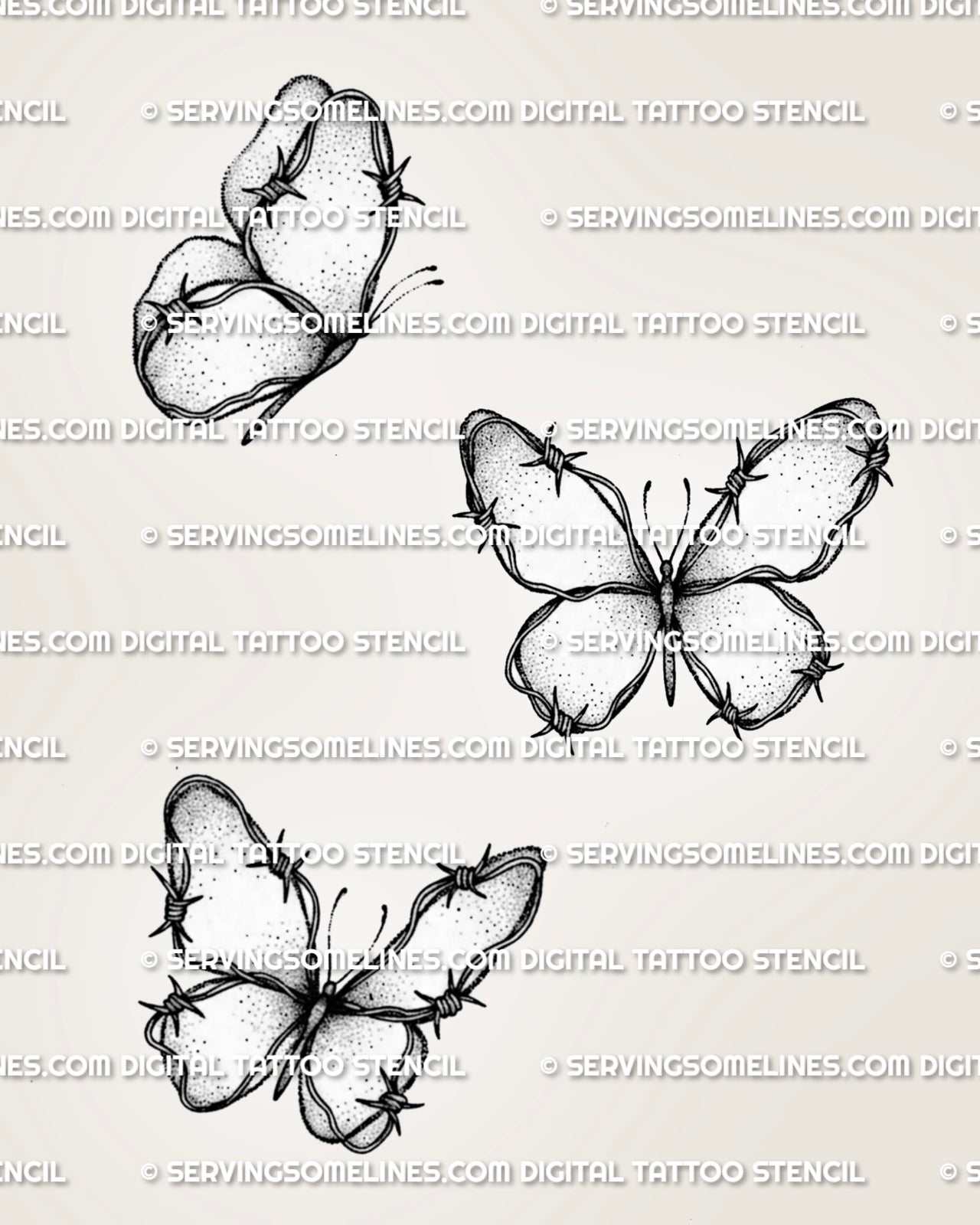Small barbed wire butterfly tattoo stencil set with 3 compact designs, light wire wraps, tiny barbs, and dot shading