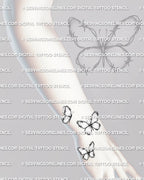 Small barbed wire butterfly tattoo shown on wrist placement with light linework, tiny barbs, and soft dot shading