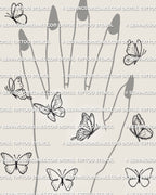 Small butterfly tattoo stencils shown as a hand placement preview with multiple simple outline designs and fine line wing shapes.
