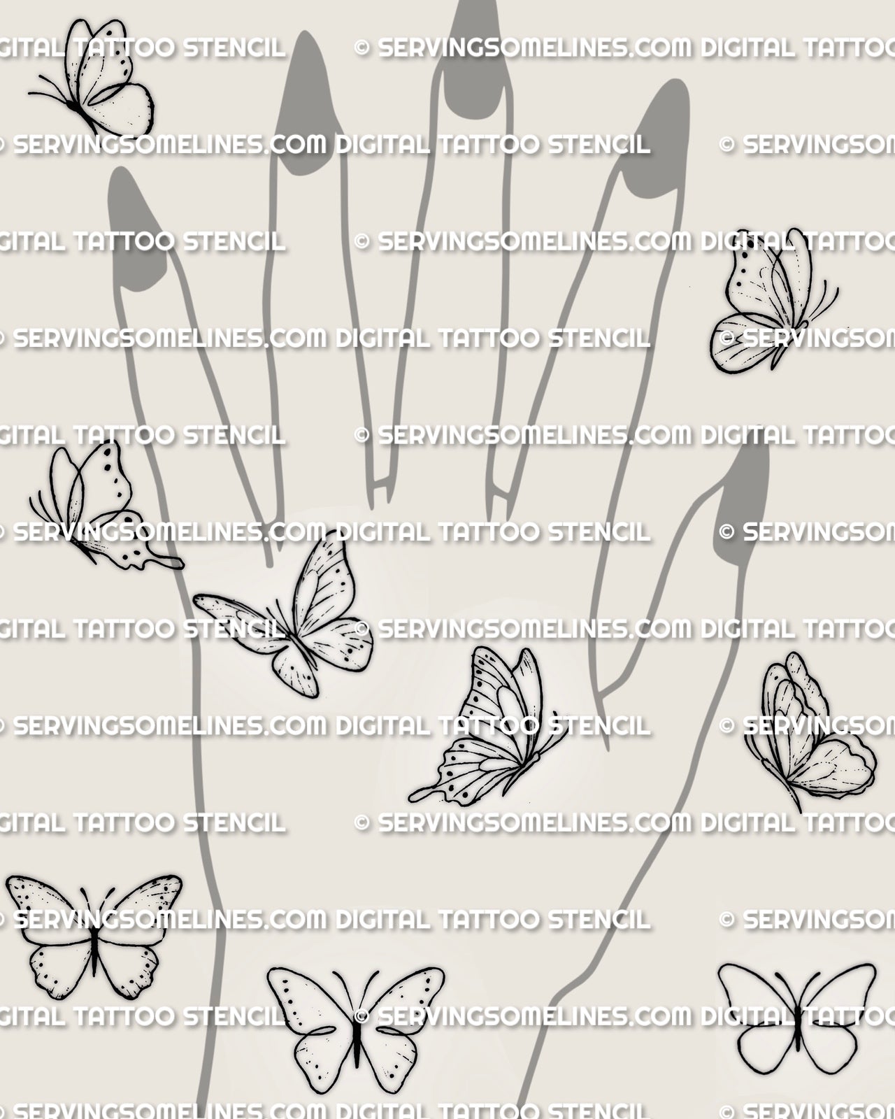 Small butterfly tattoo stencils shown as a hand placement preview with multiple simple outline designs and fine line wing shapes.