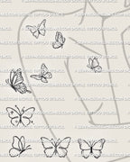 Small butterfly tattoo designs shown on women’s upper arm and collarbone placement with multiple simple stencil options.