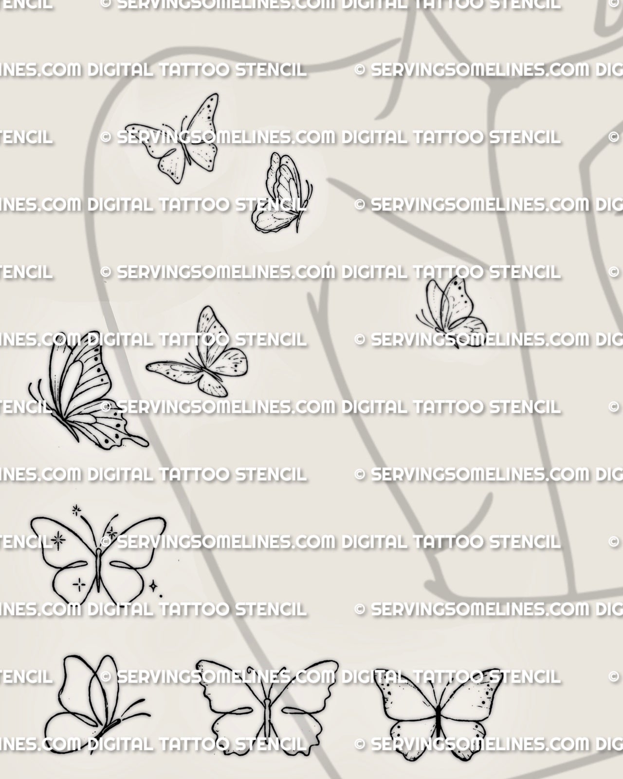 Small butterfly tattoo designs shown on women’s upper arm and collarbone placement with multiple simple stencil options.