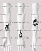 Small castle tattoo stencil shown on forearm, wrist area, and inner forearm with medieval towers, flags, gate detail, and compact dark fantasy shape