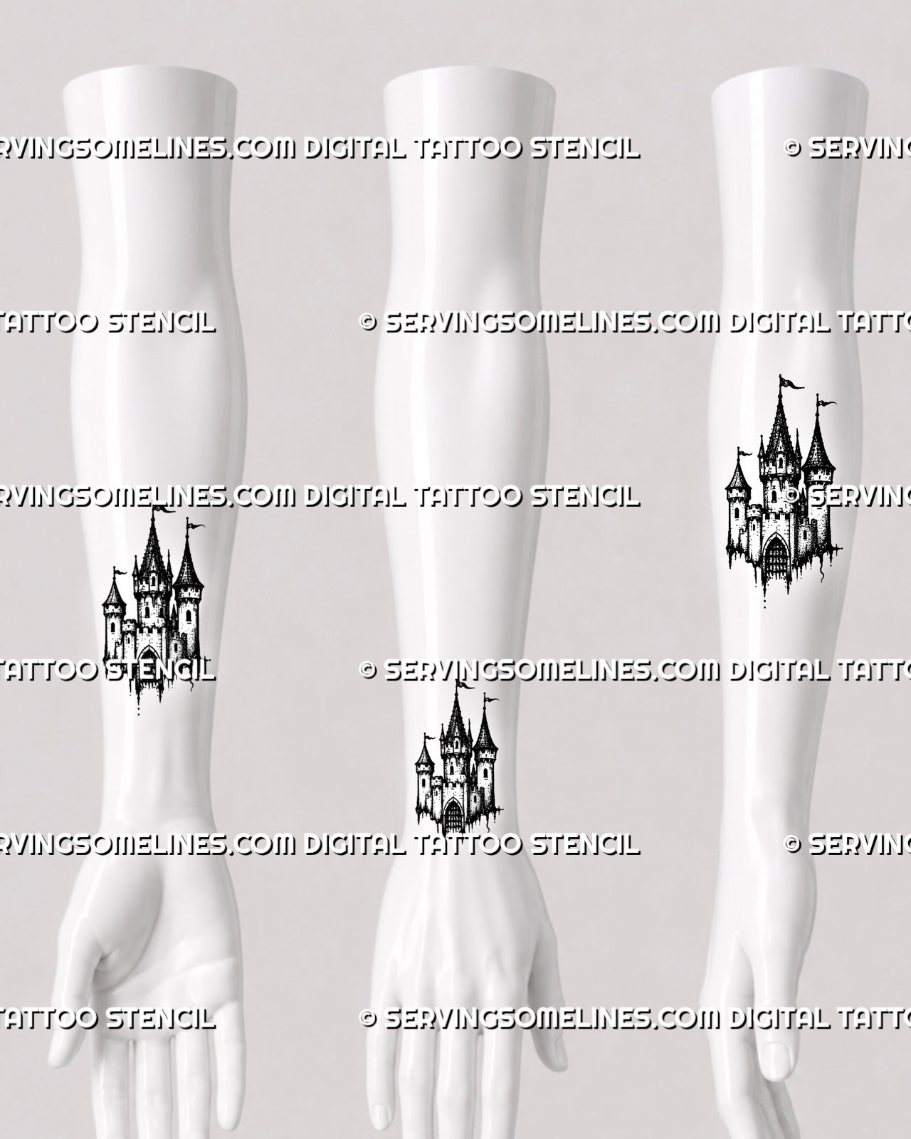Small castle tattoo stencil shown on forearm, wrist area, and inner forearm with medieval towers, flags, gate detail, and compact dark fantasy shape