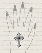 Small cross outline tattoo shown on hand placement, with clean shape, dot shading, and subtle ray lines. 