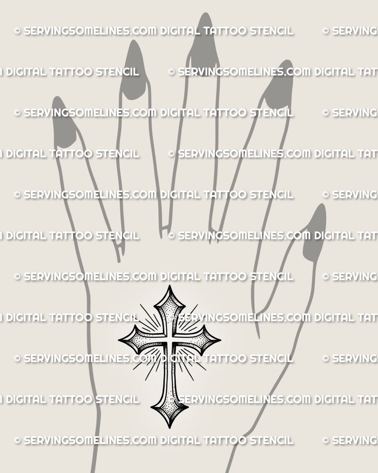 Small cross outline tattoo shown on hand placement, with clean shape, dot shading, and subtle ray lines. 