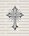 Small cross tattoo stencil with clean outline, dot shading, light rays, and printable simple cross design file.