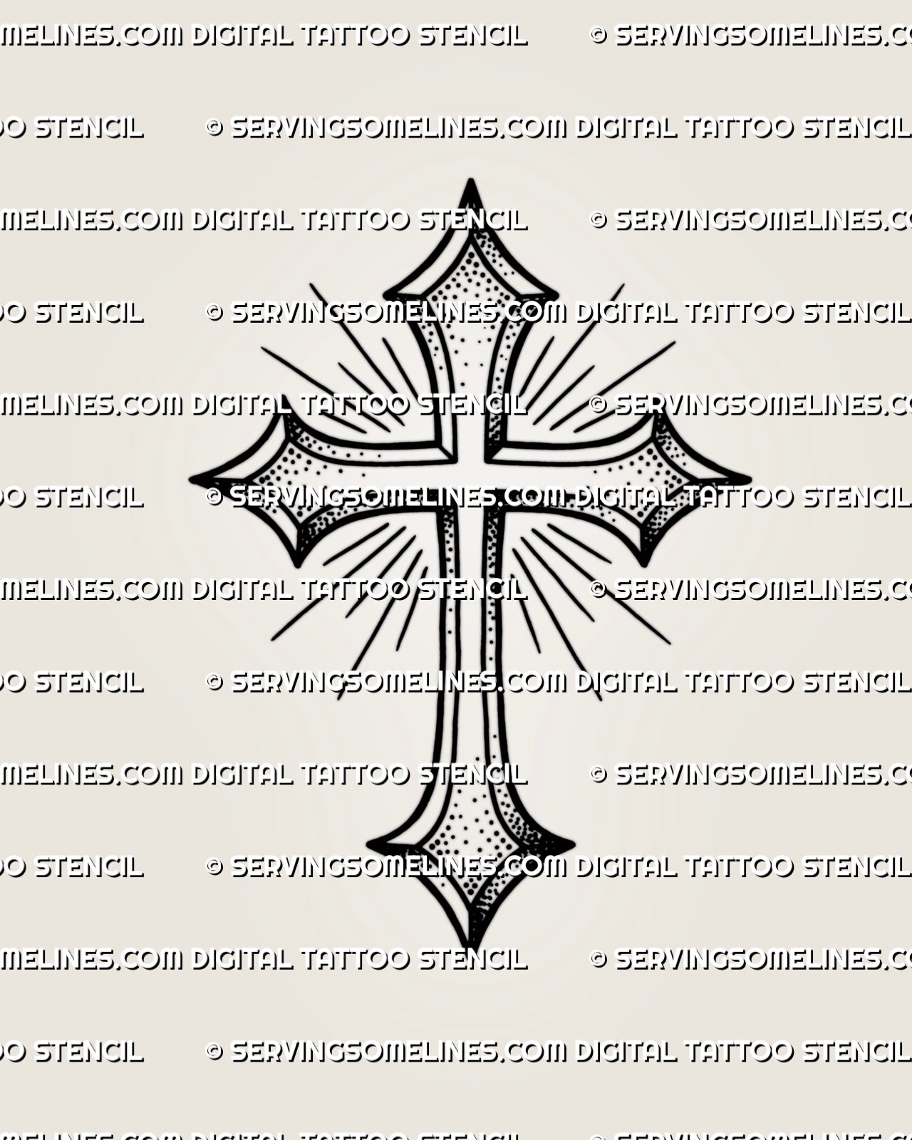 Small cross tattoo stencil with clean outline, dot shading, light rays, and printable simple cross design file.