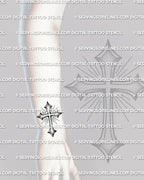 Small cross tattoo stencil shown on wrist placement, with clean outline, pointed ends, and light ray detail.