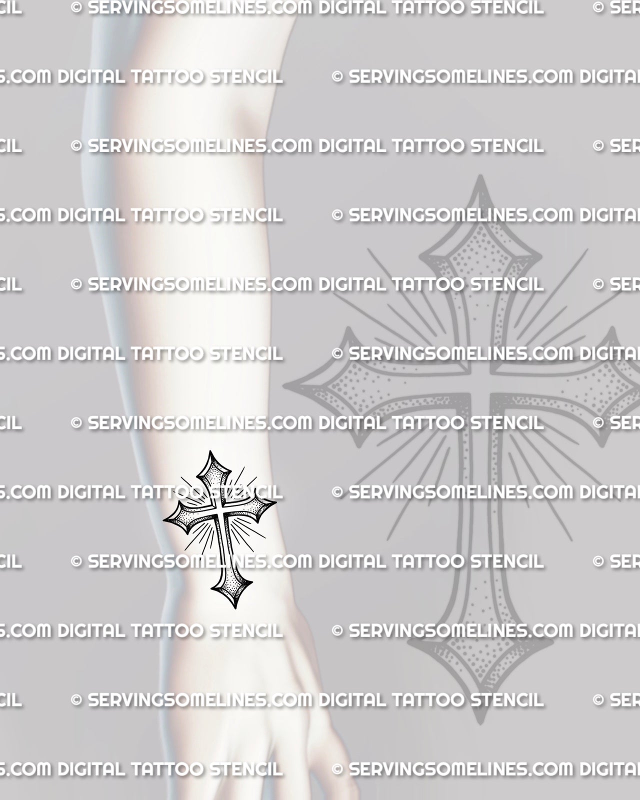 Small cross tattoo stencil shown on wrist placement, with clean outline, pointed ends, and light ray detail.