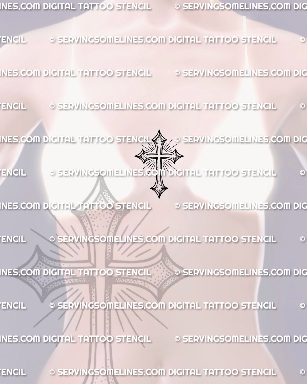 Small cross tattoo shown on womens sternum placement, with clean outline, dot shading, and soft ray detail.