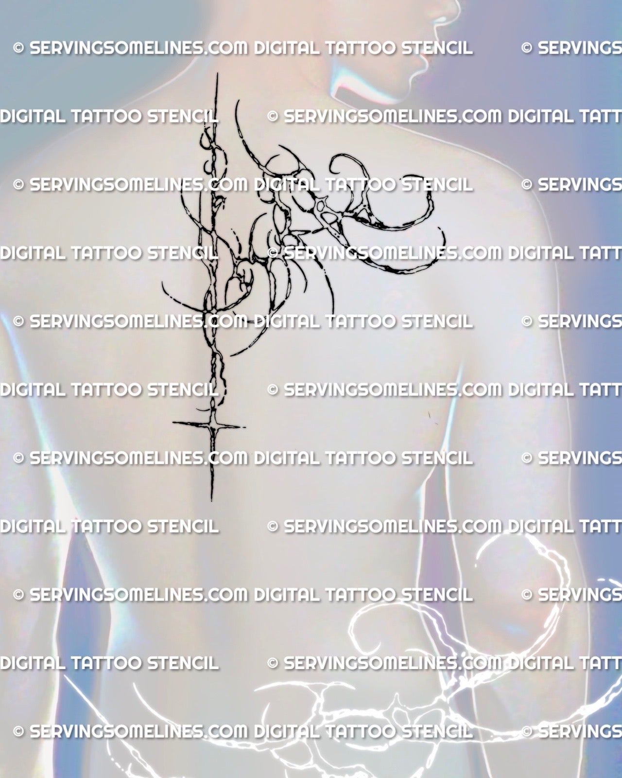 smaller cyber biomech back tattoo display for men featuring abstract engineered spine lines and modern tribal aesthetic