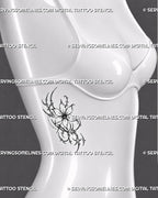 Small cyber flower tattoo stencil shown on women’s ribs with open flower, sharp curved details, pointed accents, and delicate side placement