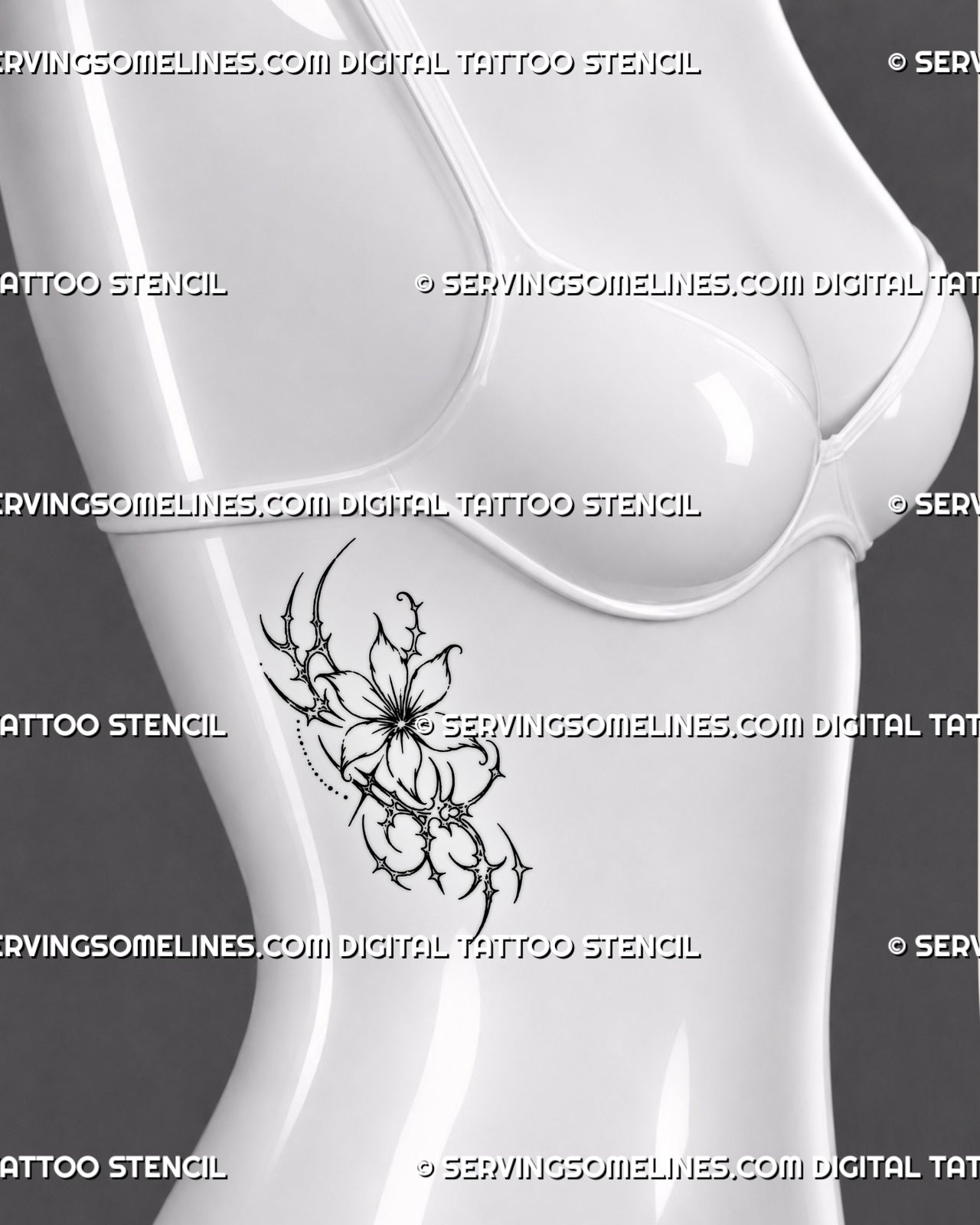 Small cyber flower tattoo stencil shown on women’s ribs with open flower, sharp curved details, pointed accents, and delicate side placement