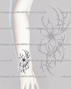 Small cyber sigil flower tattoo stencil shown on wrist with mini floral shape, curved linework, pointed accents, and compact tattoo placement