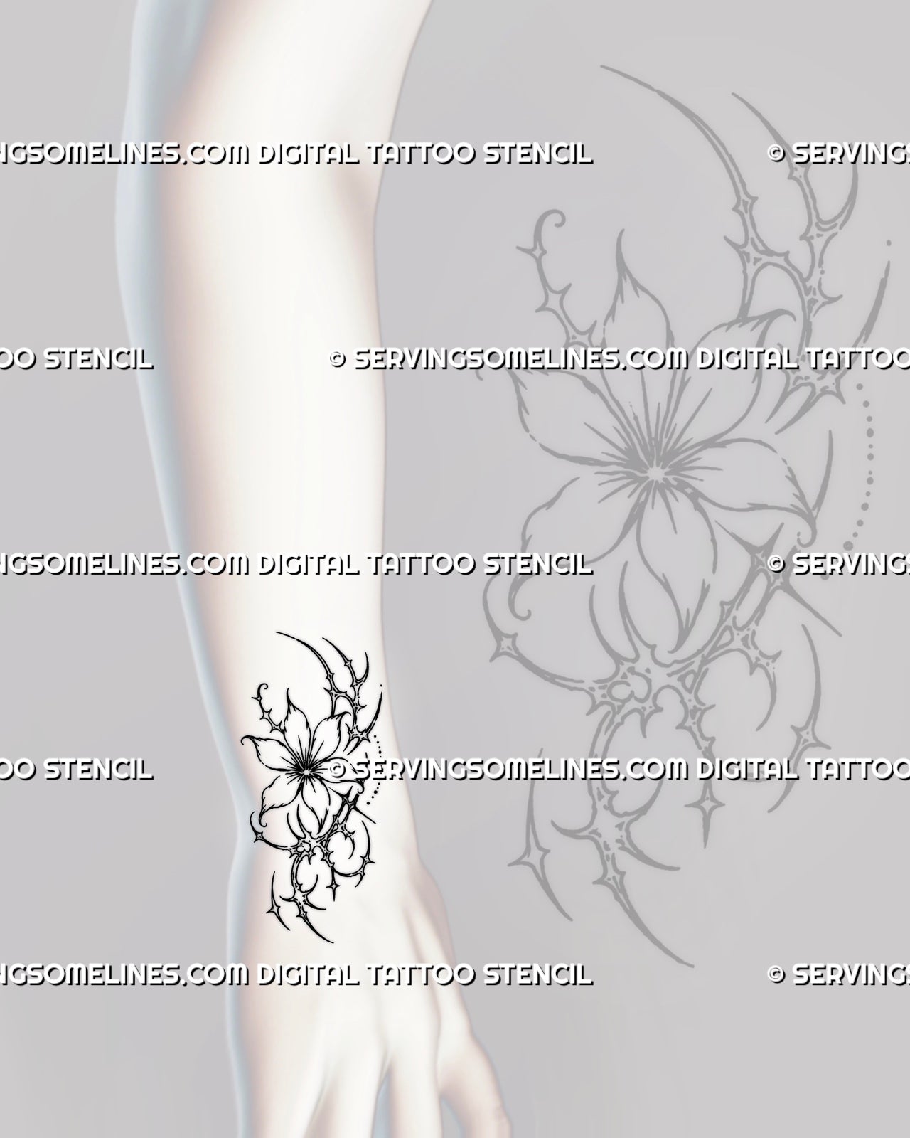 Small cyber sigil flower tattoo stencil shown on wrist with mini floral shape, curved linework, pointed accents, and compact tattoo placement