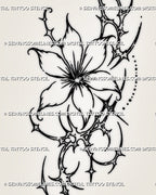 Close view of small cybersigilism flower tattoo stencil showing open petals, hooked cyber sigil curves, small dot details, and pointed floral accents