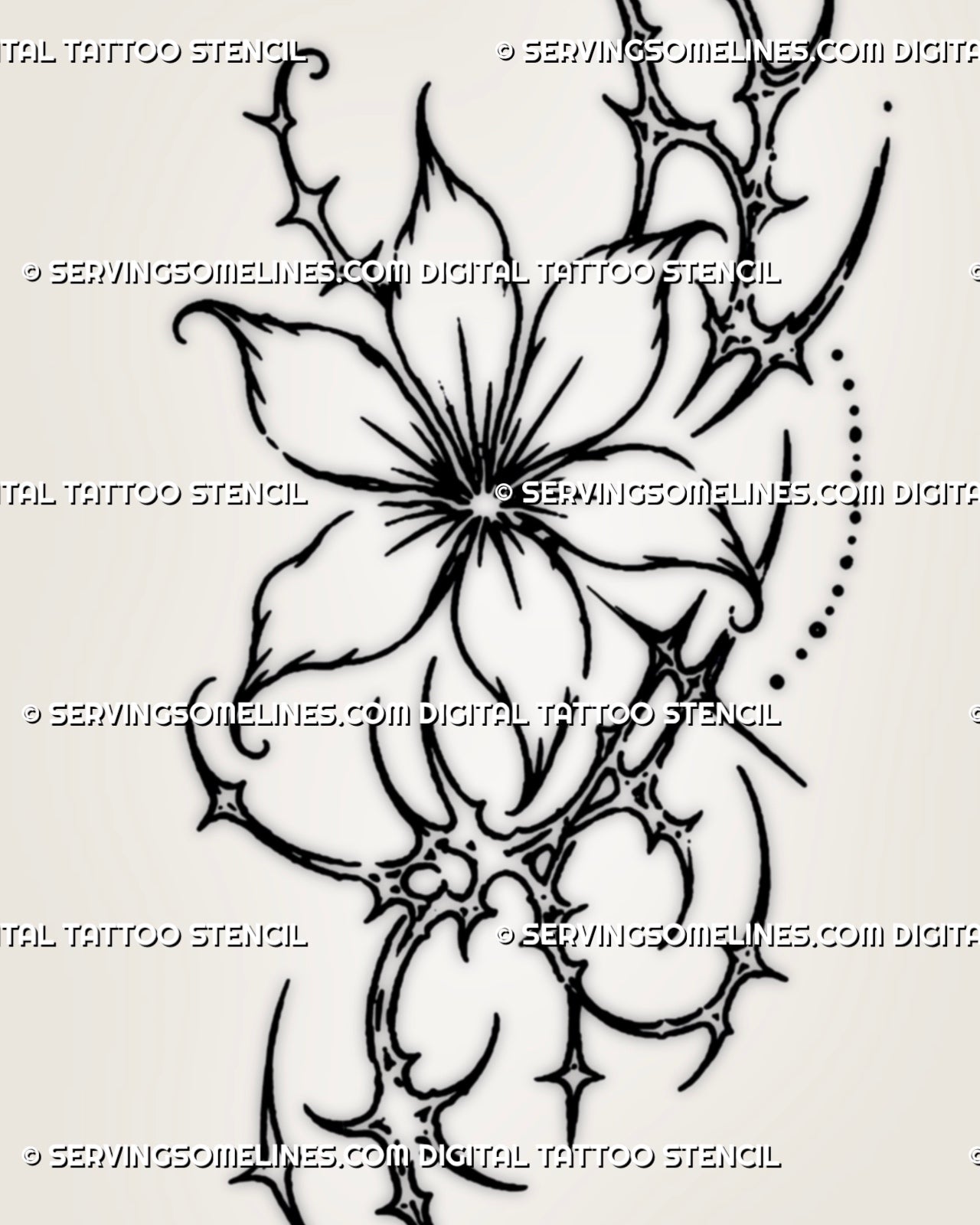 Close view of small cybersigilism flower tattoo stencil showing open petals, hooked cyber sigil curves, small dot details, and pointed floral accents