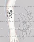 Small cybersigilism flower tattoo stencil shown on forearm with mini floral shape, sharp sigil curves, pointed accents, and readable compact layout