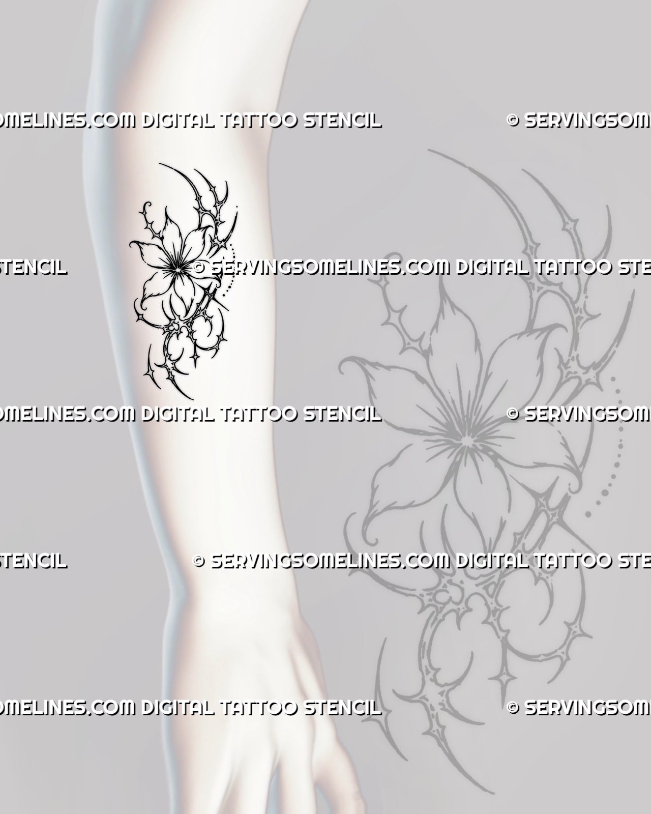 Small cybersigilism flower tattoo stencil shown on forearm with mini floral shape, sharp sigil curves, pointed accents, and readable compact layout