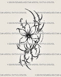 Small cybersigilism flower tattoo stencil with open flower, sharp cyber sigil curves, pointed accents, compact shape, and clean floral linework