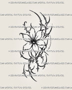 Small cybersigilism flower tattoo stencil with open flower, sharp cyber sigil curves, pointed accents, compact shape, and clean floral linework