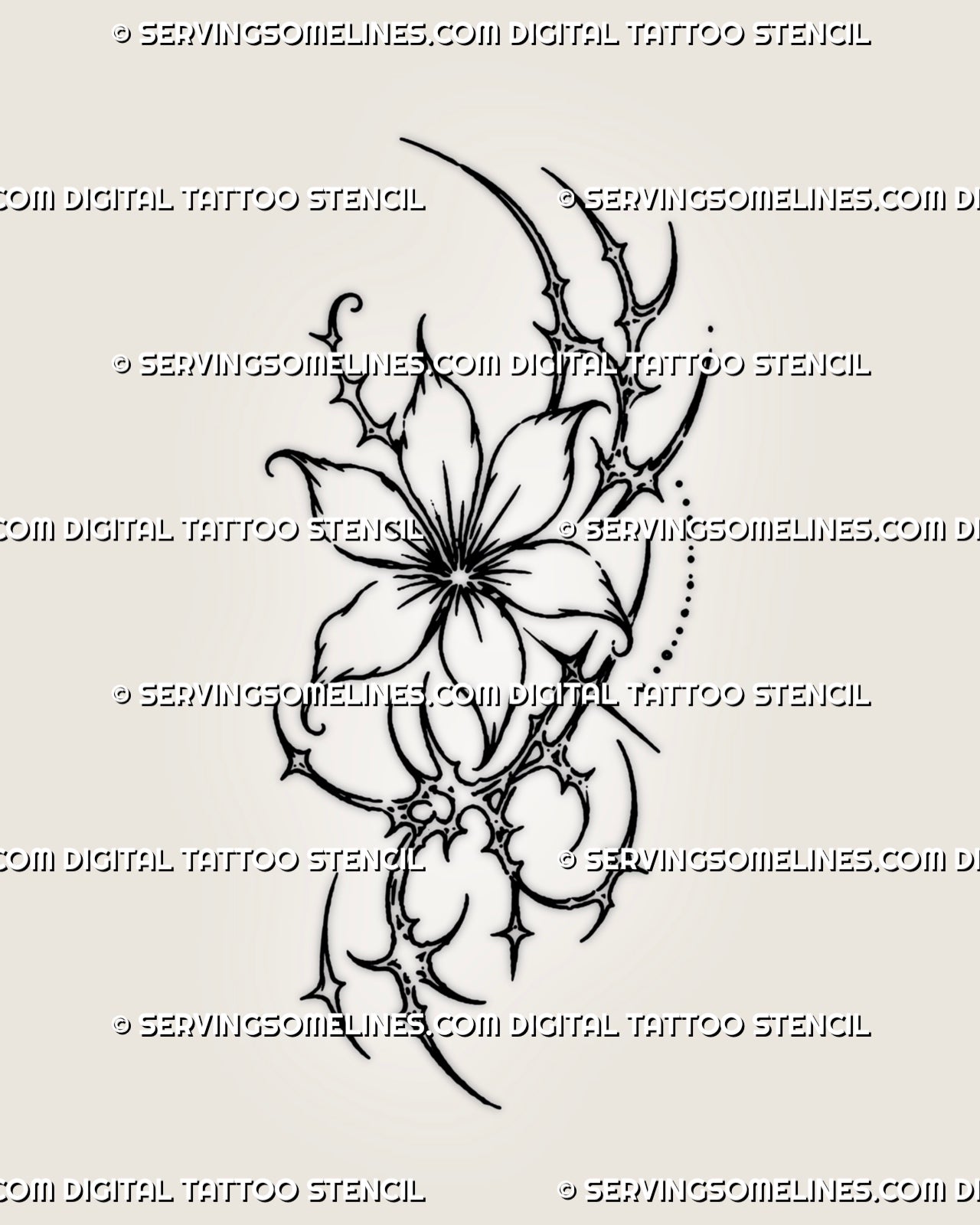 Small cybersigilism flower tattoo stencil with open flower, sharp cyber sigil curves, pointed accents, compact shape, and clean floral linework