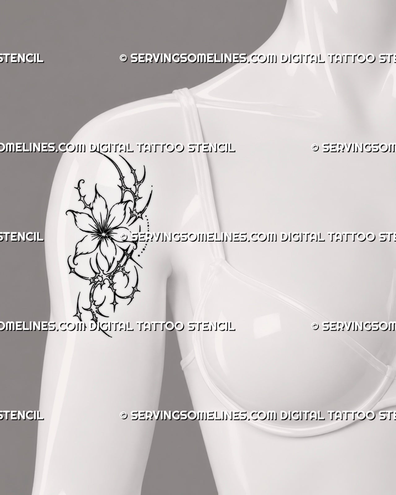Small cybersigilism flower tattoo stencil shown on women’s shoulder with open flower, sharp sigil details, and simple floral tattoo shape