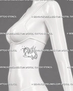 Small feminine fine line unicorn tattoo stencil shown on women’s ribs with feathered wings, curled mane, spiral horn, flowing tail, and soft fantasy detail