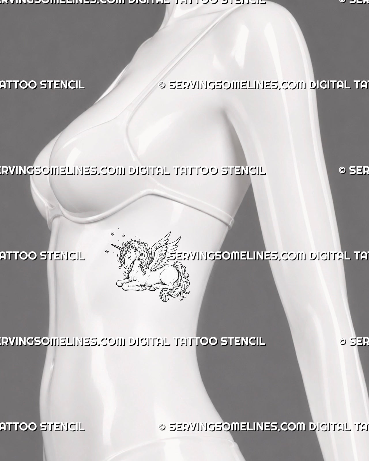 Small feminine fine line unicorn tattoo stencil shown on women’s ribs with feathered wings, curled mane, spiral horn, flowing tail, and soft fantasy detail