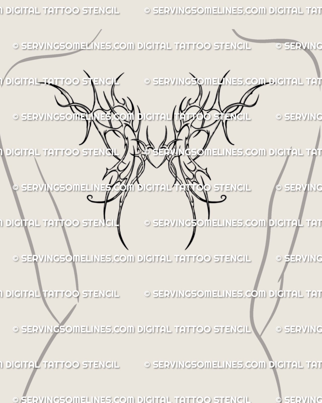 small feminine wings tattoo mockup with winged heart centered on upper back, ornamental cyber wing motif sized narrower across shoulder blades
