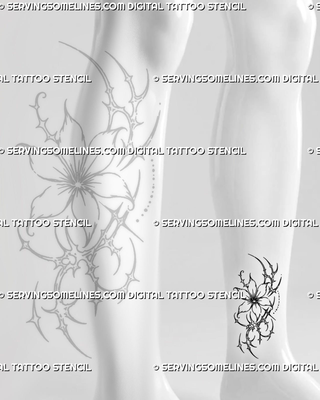 Small flower tattoo stencil shown on ankle with cyber sigil floral detail, open petals, pointed accents, and slim vertical shape