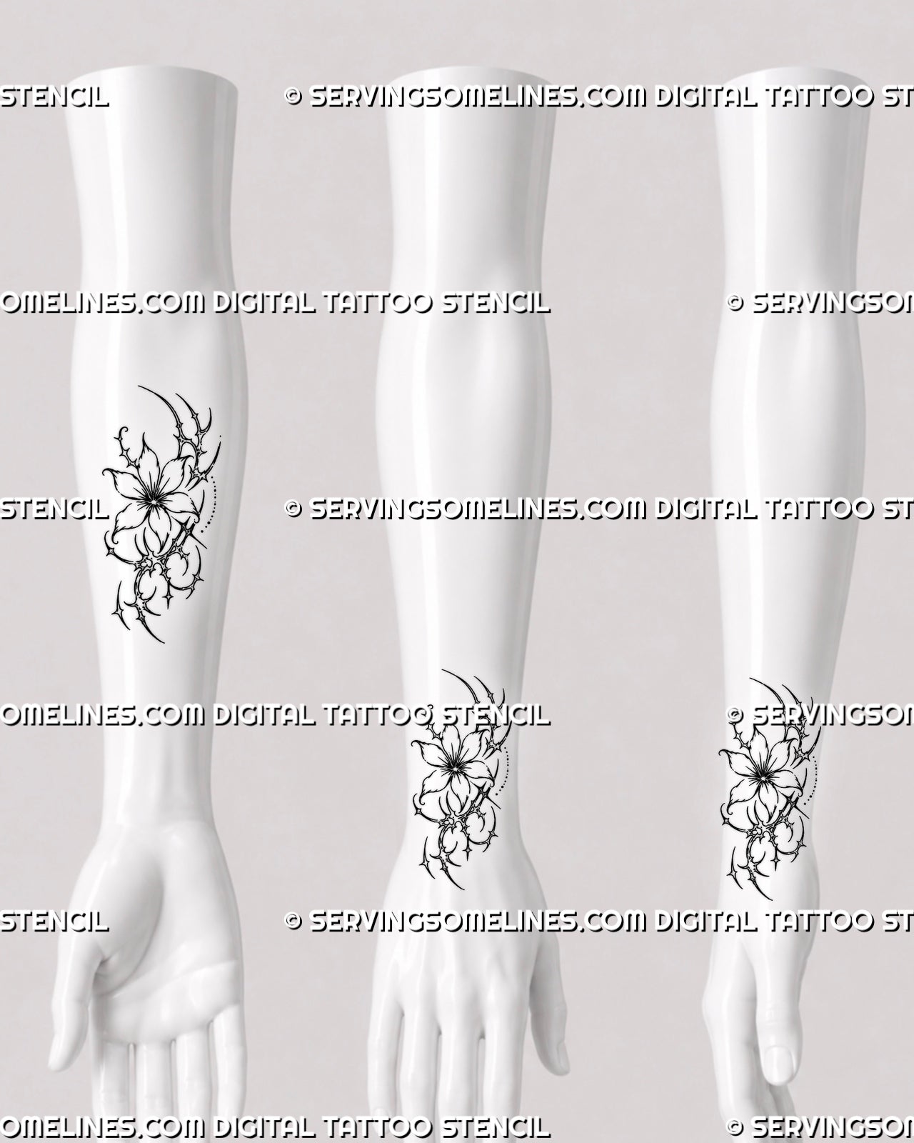 Small flower tattoo stencil shown on forearm and wrist with compact cybersigilism floral design, open petals, and clean cyber linework