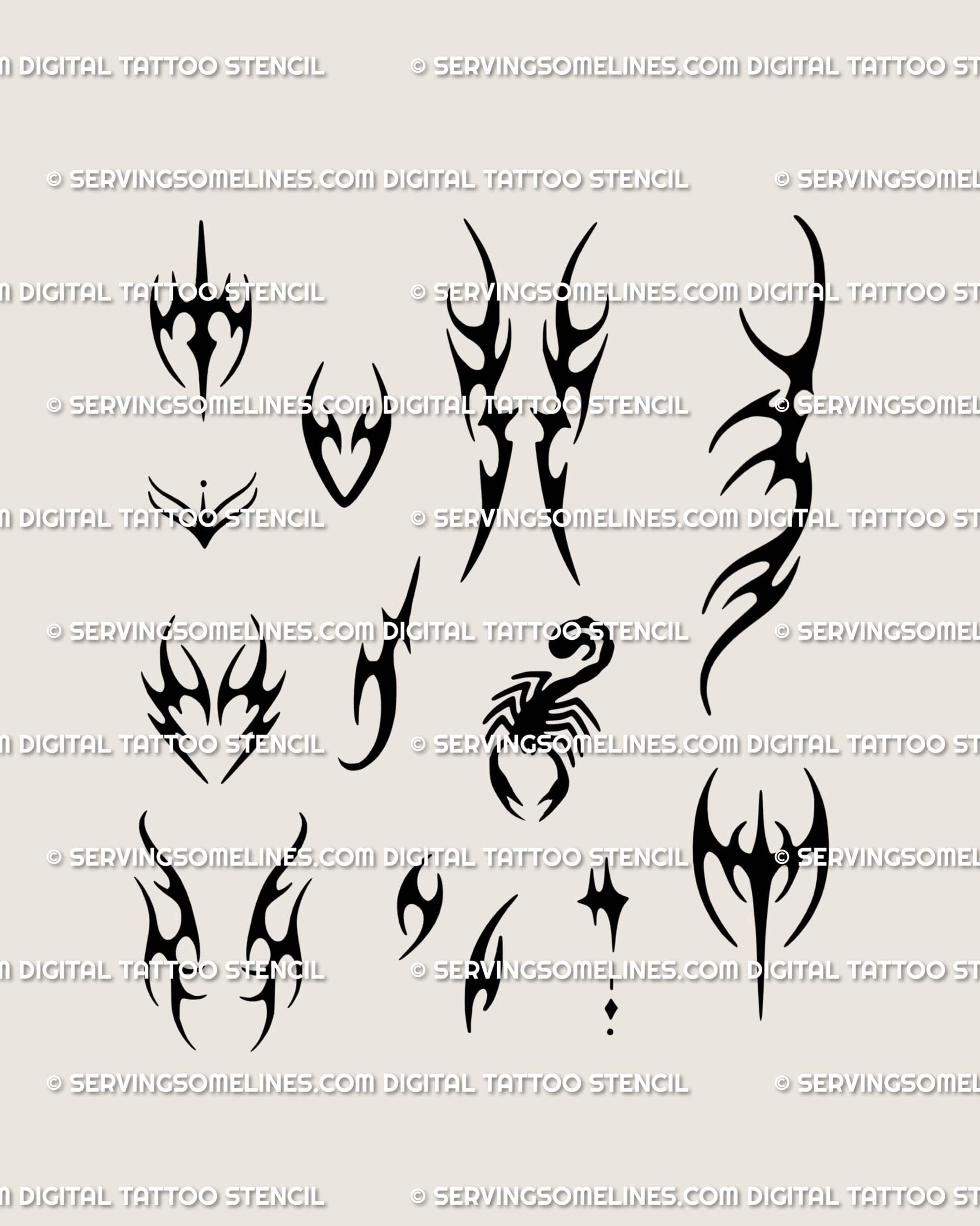 Small gothic tattoo stencil flash sheet showing multiple neotribal and cybersigil mini tattoo designs for hands, fingers, and micro placements.
