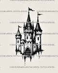Small medieval castle tattoo stencil with towers, flags, battlements, arched gate, dark fantasy texture, and compact blackwork-style castle shape