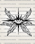 Small seraphim eye tattoo stencil with compact wings, sharp starburst points, dot shading, and printable design file.