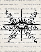 Small seraphim eye tattoo stencil with compact wings, sharp starburst points, dot shading, and printable design file.
