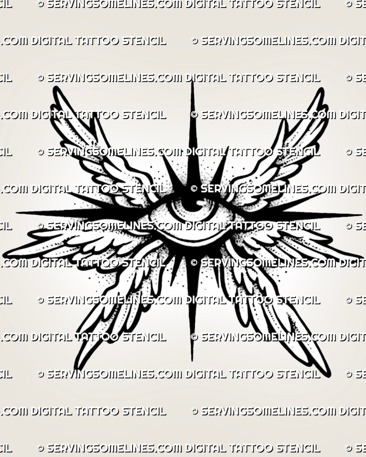 Small seraphim eye tattoo stencil with compact wings, sharp starburst points, dot shading, and printable design file.