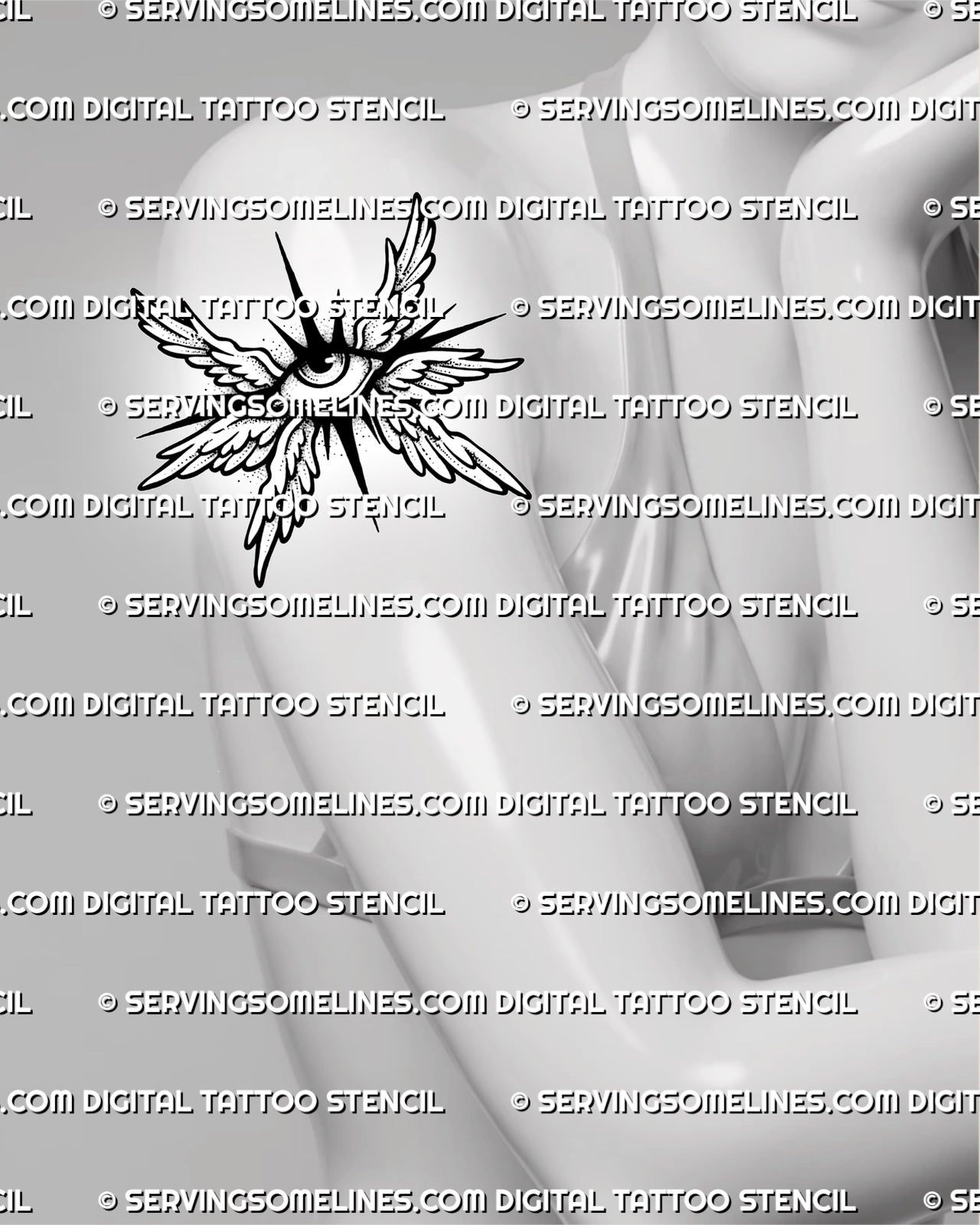 Small seraphim eye tattoo shown on womens arm placement, with compact wings, central eye, and sharp starburst detail. 