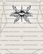 Small seraphim eye tattoo shown on womens stomach center placement, with compact wings and sharp starburst points. 