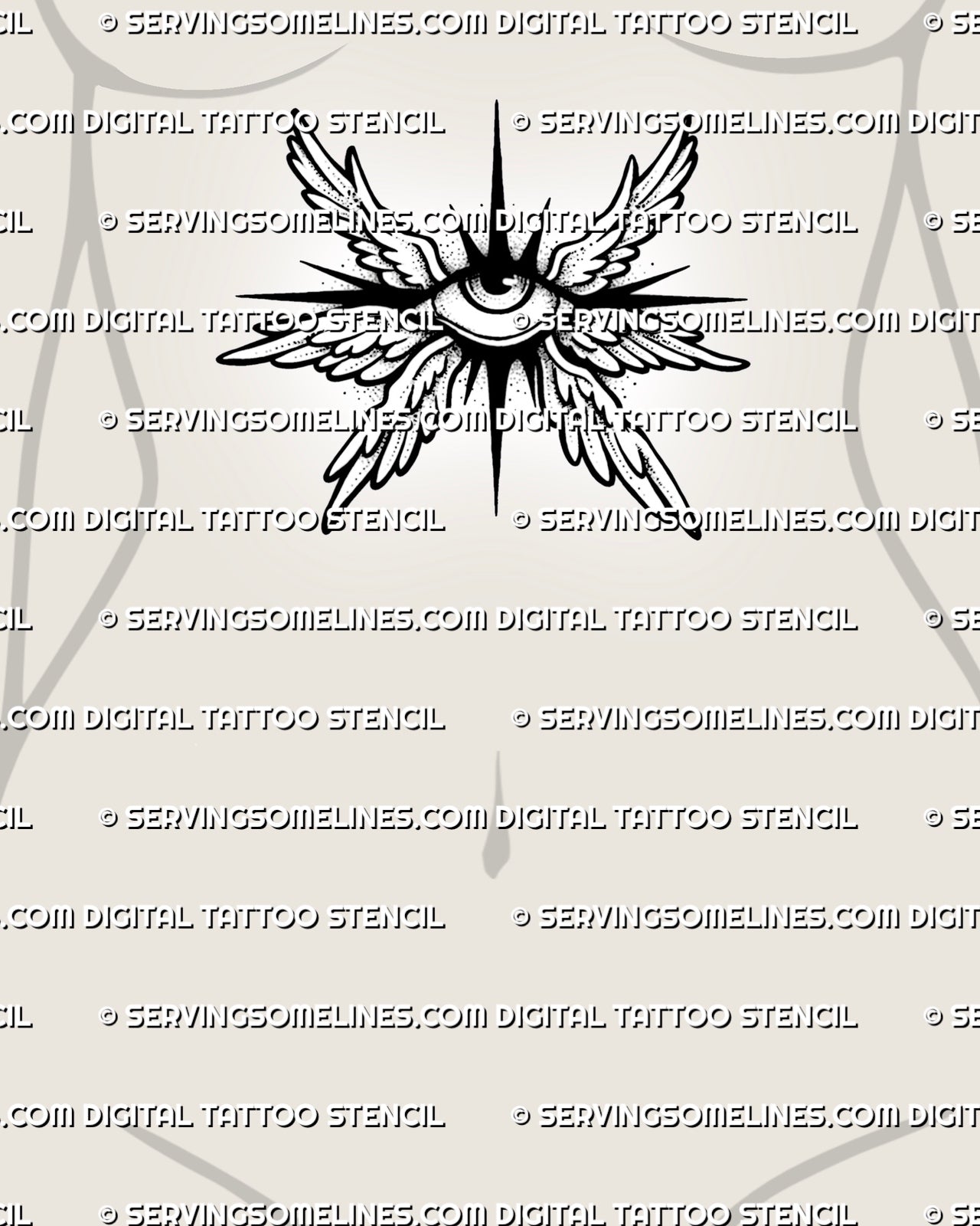 Small seraphim eye tattoo shown on womens stomach center placement, with compact wings and sharp starburst points. 