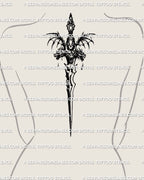 women’s smaller spine tattoo mockup featuring fantasy sword with medieval gothic handle and elongated blade styled for a subtle centerline back design
