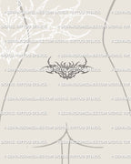 lower back mockup with small tramp stamp heart tattoo, minimal ornamental cybersigil style placed across waist for feminine tattoo look