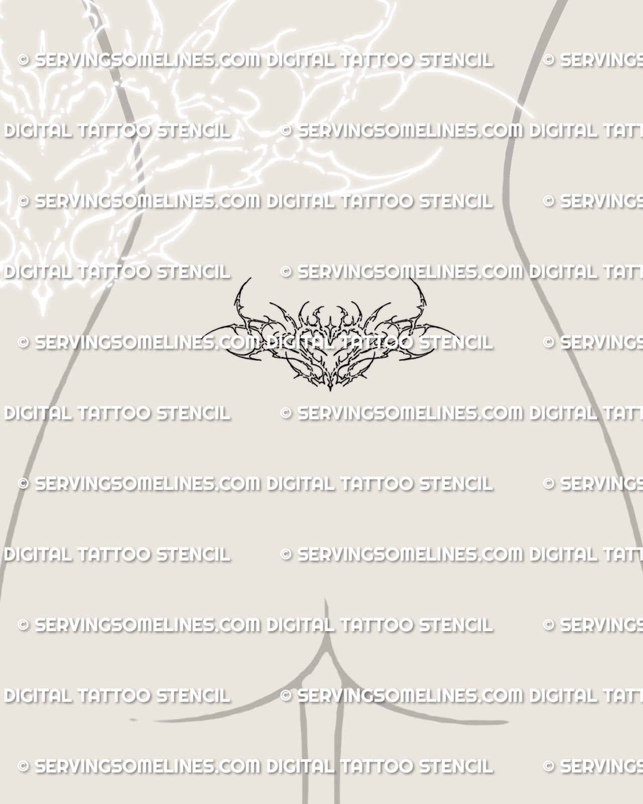 lower back mockup with small tramp stamp heart tattoo, minimal ornamental cybersigil style placed across waist for feminine tattoo look