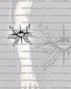 Small winged eye tattoo shown on forearm placement, with seraphim-style wings, central eye, and readable stencil detail. 