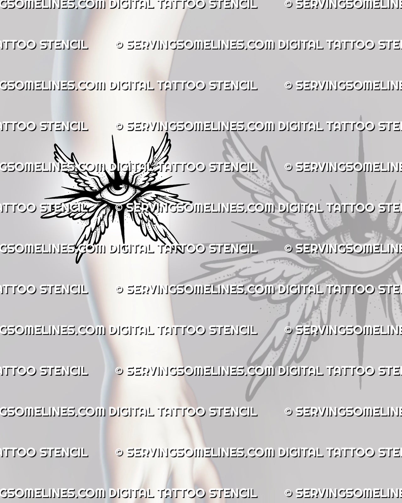 Small winged eye tattoo shown on forearm placement, with seraphim-style wings, central eye, and readable stencil detail. 
