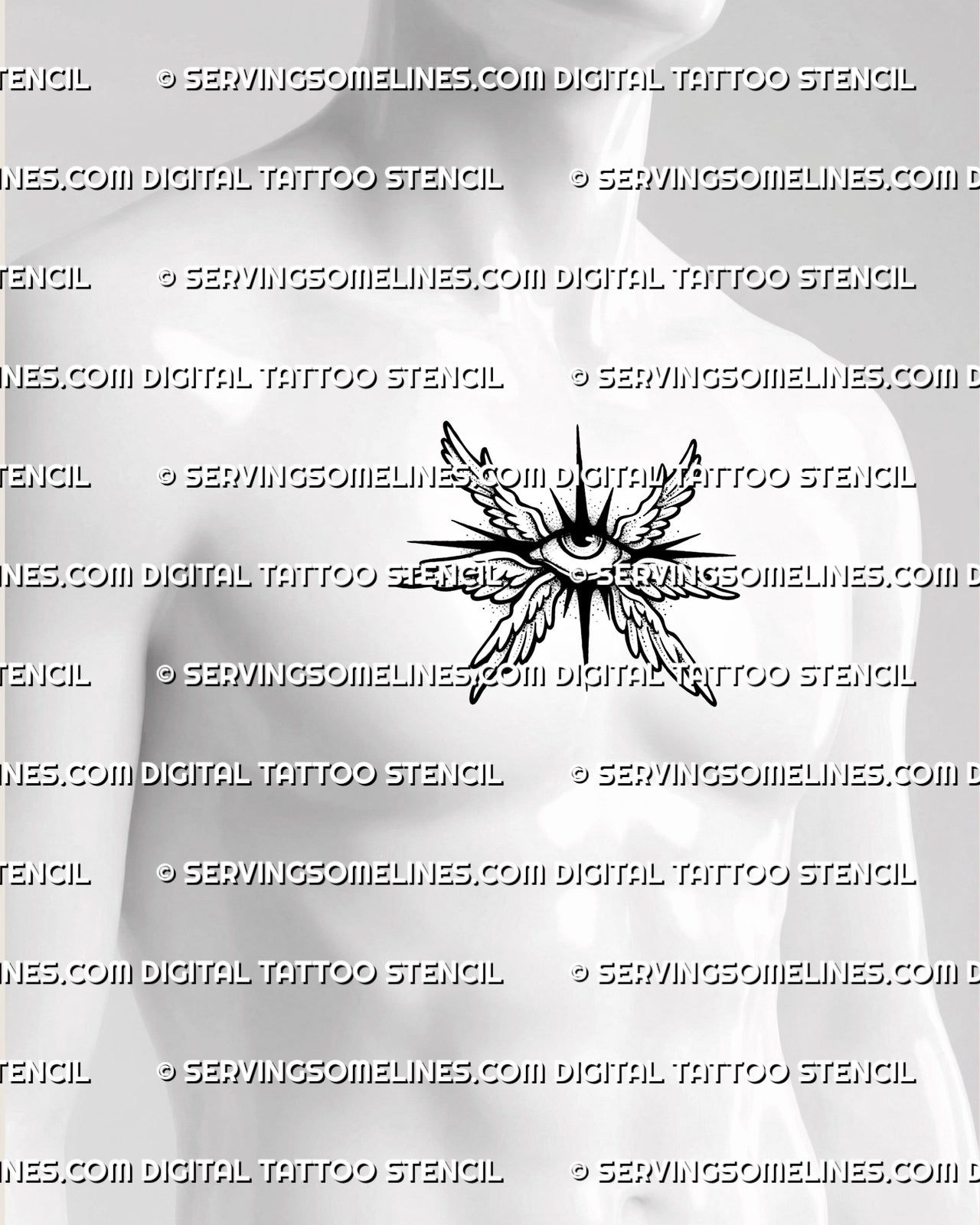 Small winged seraphim eye tattoo shown on mens chest center placement, with central eye, compact wings, and sharp rays.