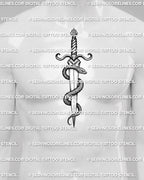 Snake and dagger tattoo stencil shown on mens chest center placement, with wrapped snake, shaded blade detail, and vertical shape.