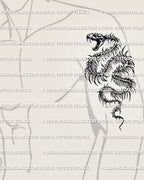 Snake bones tattoo design shown on men’s upper arm placement with spiked rib structure and dark fantasy serpent flow.