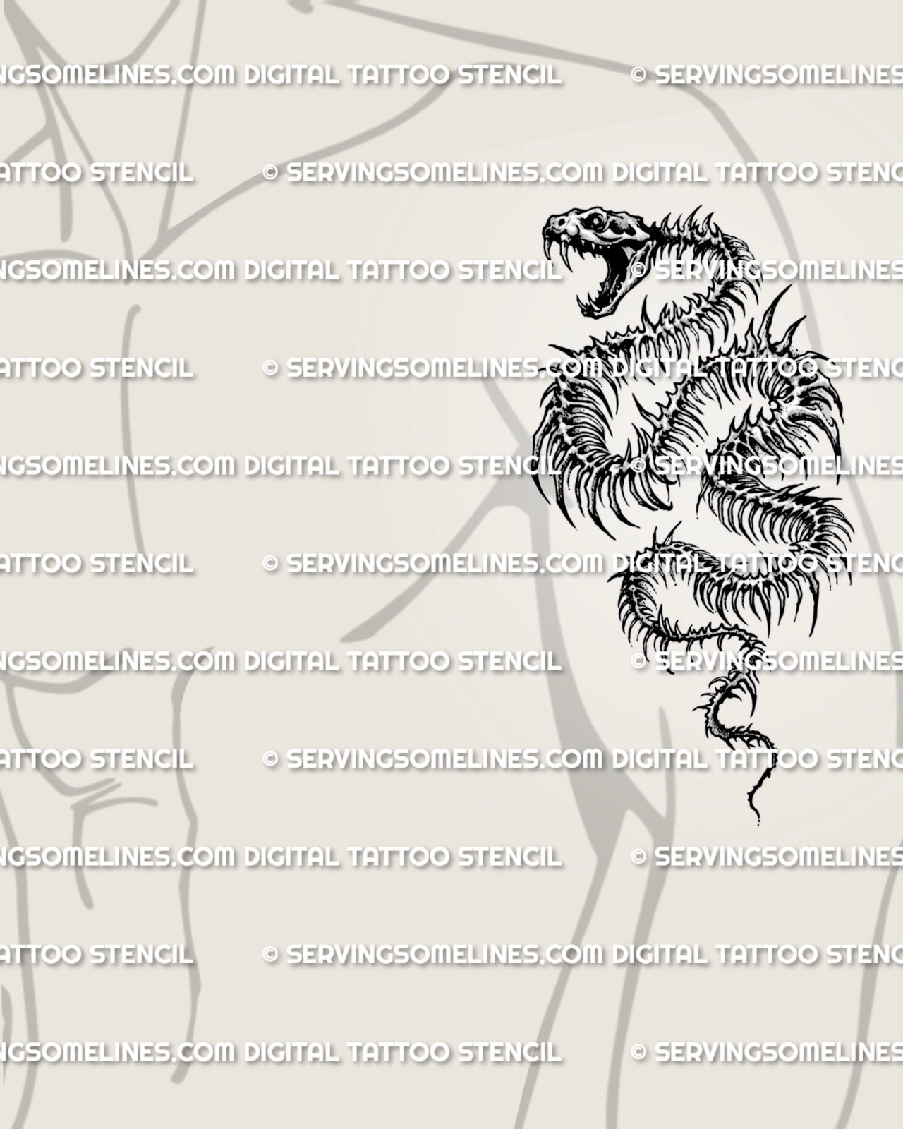Snake bones tattoo design shown on men’s upper arm placement with spiked rib structure and dark fantasy serpent flow.